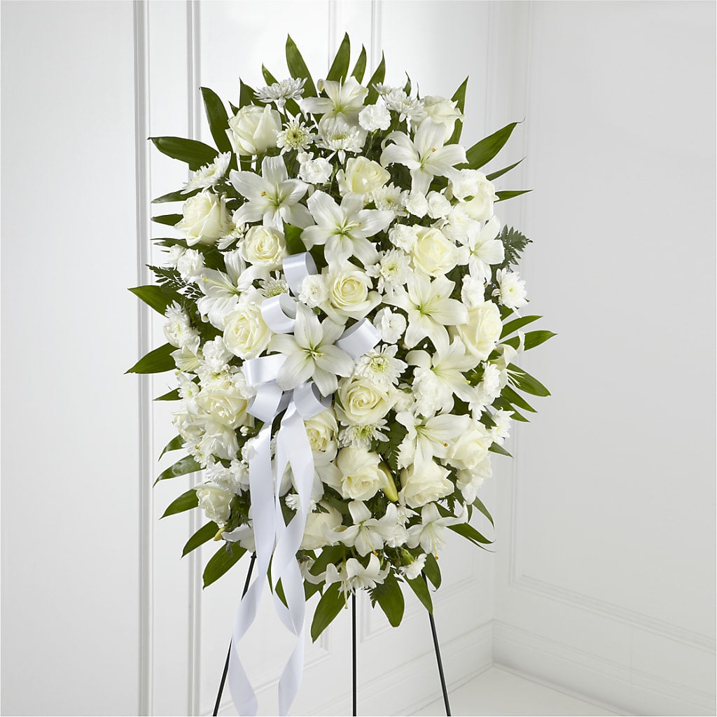 Exquisite Tribute Standing Spray-White Ribbon – More Than Flowers, Jackson MS