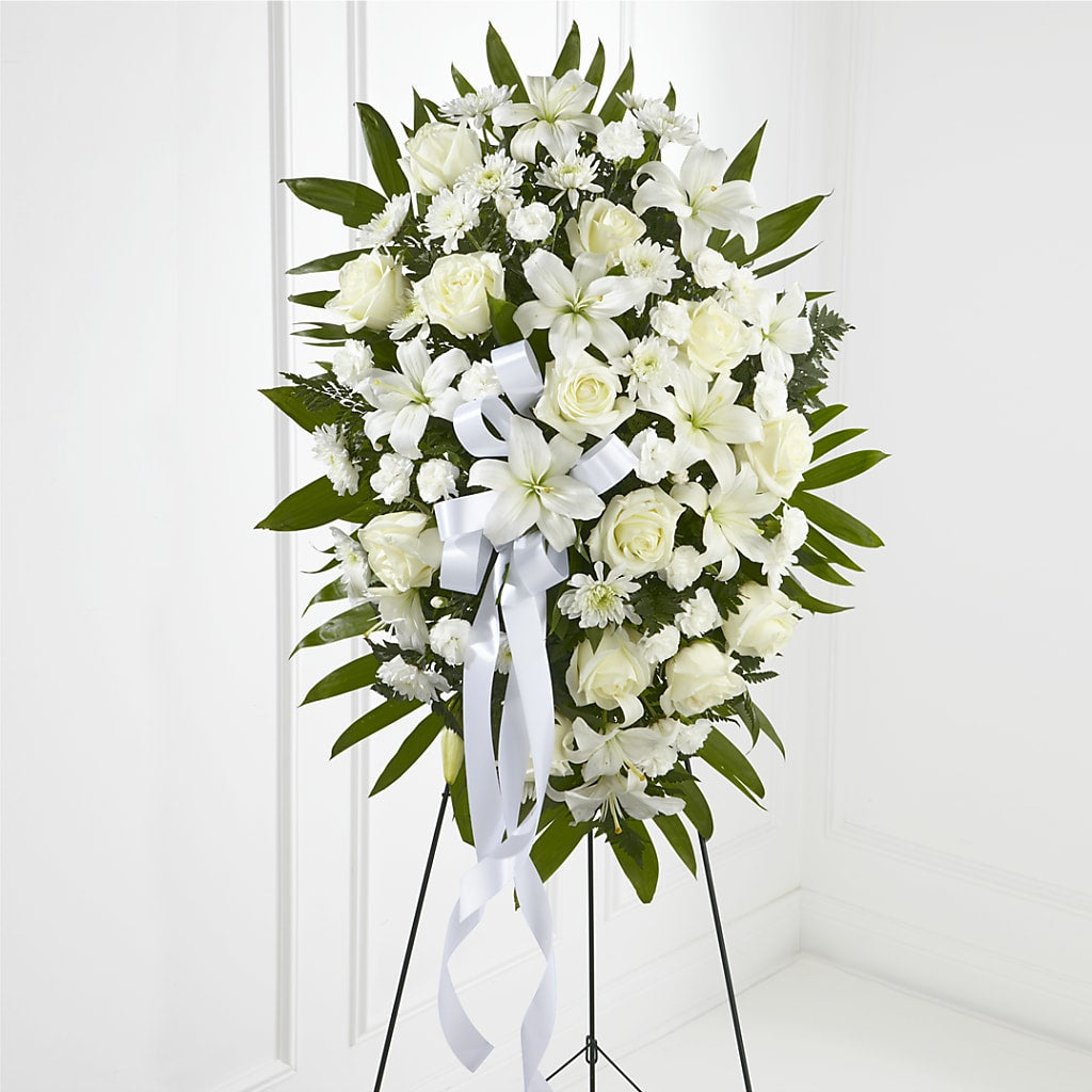 Exquisite Tribute Standing Spray-White Ribbon – More Than Flowers, Jackson MS